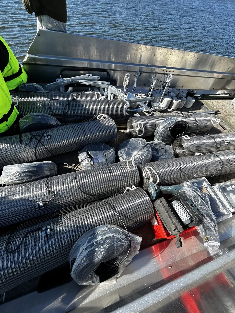 Redoxa grid rolls and field equipment prepared on a deployment boat