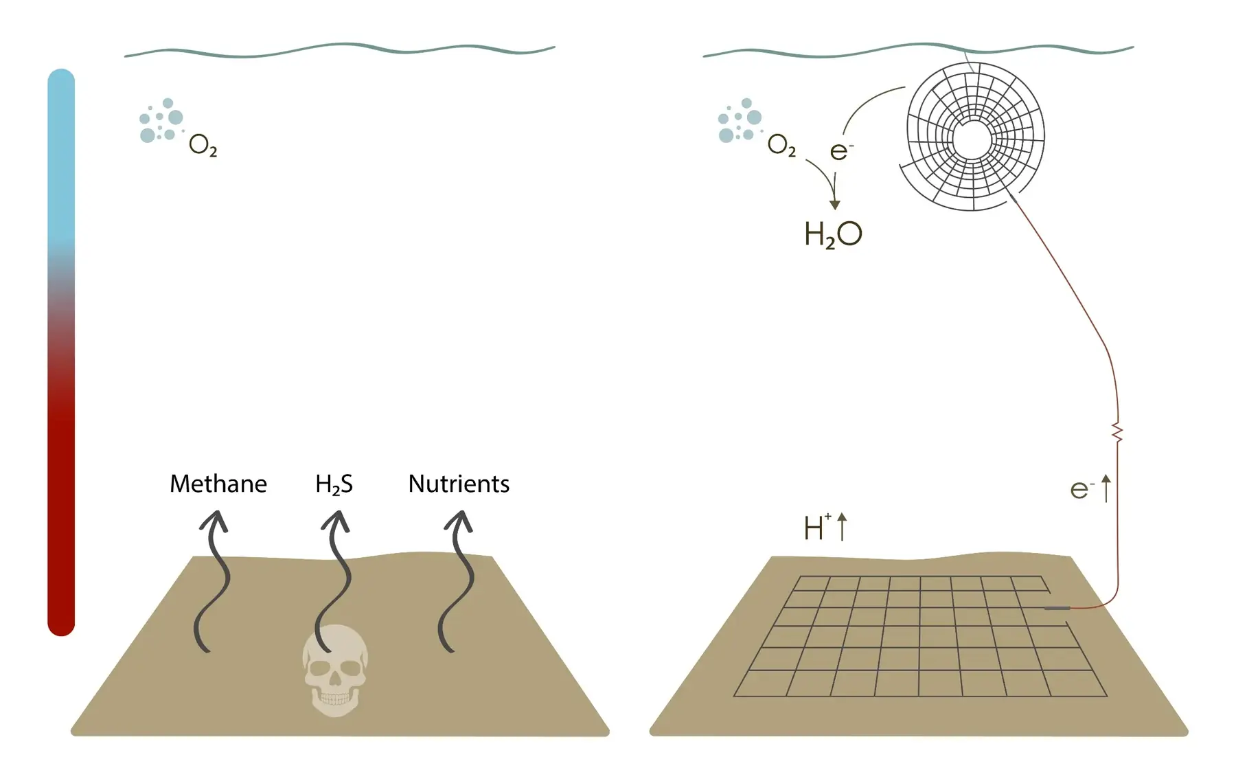 Deck illustration showing harmful sediment emissions reduced by Redoxa OxyGrid electron transfer to oxygen-rich water